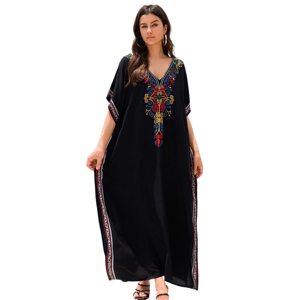 Women long Kaftan dress with elaborate colorful embroidery Ivyshape