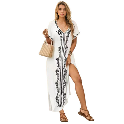 Women’s beach dress with elaborate embroidery and side slits Ivyshape