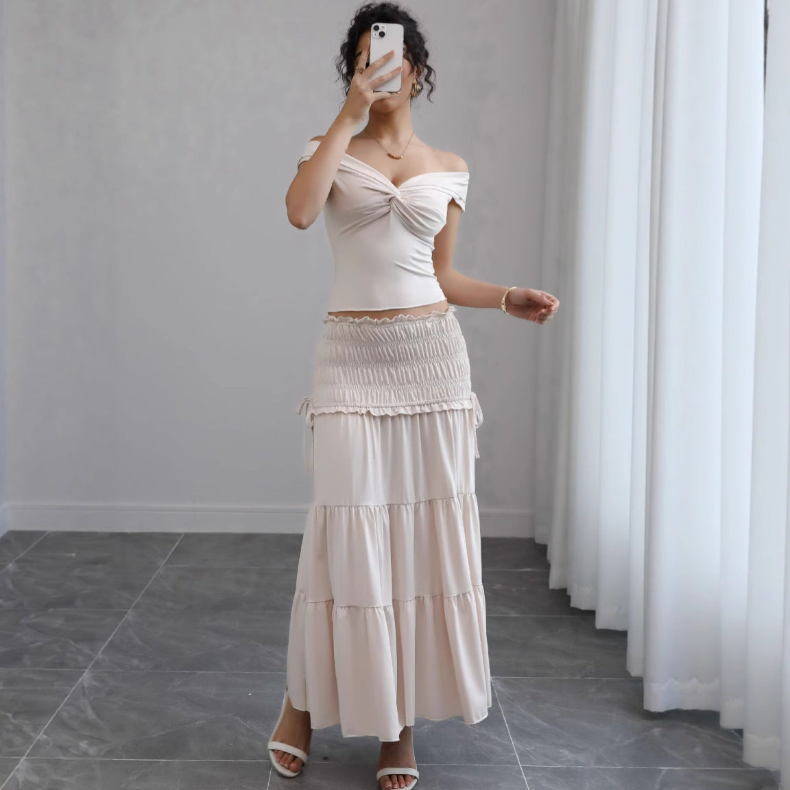 Women's Off-Shoulder Cut-Out Top and Tiered Maxi Dress Set Ivyshape