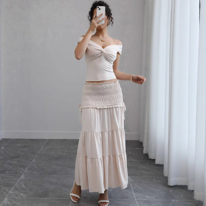 Women's Off-Shoulder Cut-Out Top and Tiered Maxi Dress Set Ivyshape