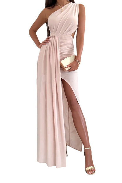 Women's Elegant One-Shoulder Maxi Dress with Draped Top and Side Slit Ivyshape