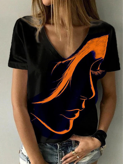 Women Artificial V-Neck Graphic T-Shirt Ivyshape