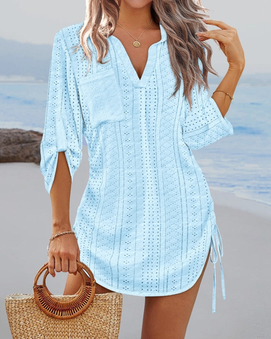 Ladies beach dress with stylish lace pattern and practical chest pocket Ivyshape