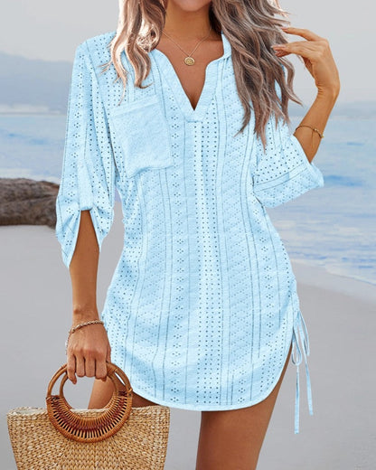 Ladies beach dress with stylish lace pattern and practical chest pocket Ivyshape