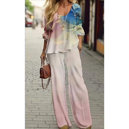 Women Bohemian Peacock Print Top and Wide Leg Pants Set Ivyshape