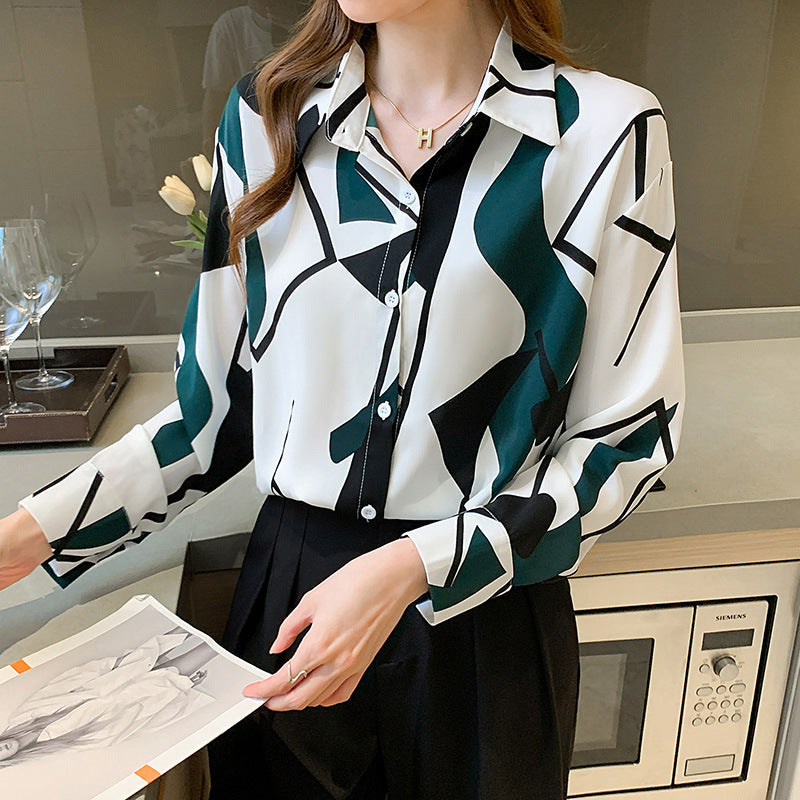 Ladies Fashion Blouse with Geometric Pattern and Elegant Button Placket Ivyshape