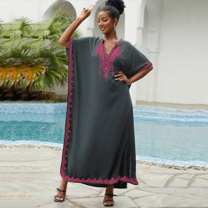Women's long kaftan dress with luxurious embroidered trim Ivyshape