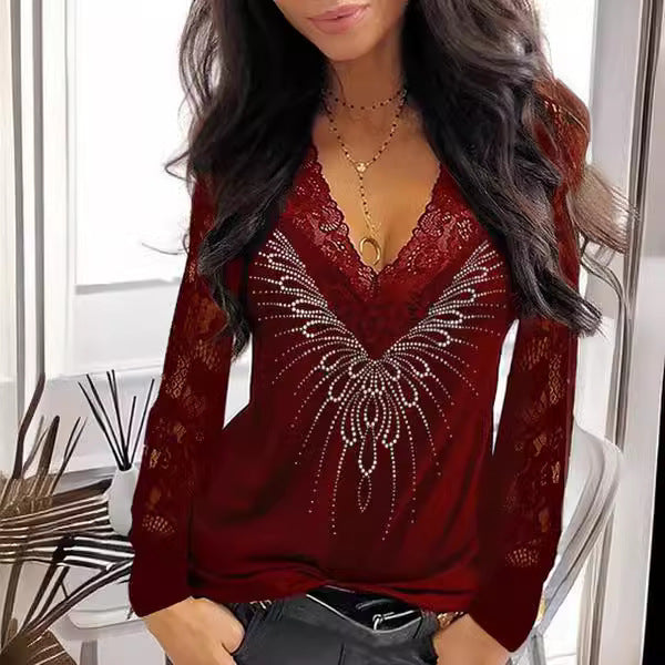 Women's Lace Detail V-Neck Top with Rhinestone Accents Ivyshape