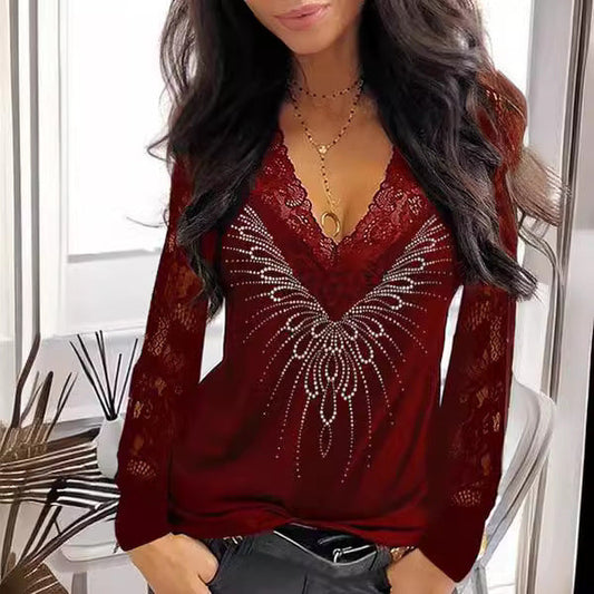 Women's Lace Detail V-Neck Top with Rhinestone Accents Ivyshape