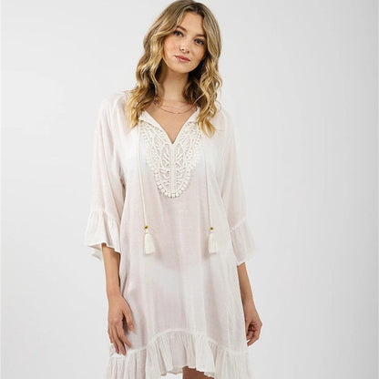 Women's beach tunic with elegant crochet pattern and ruffle details Ivyshape