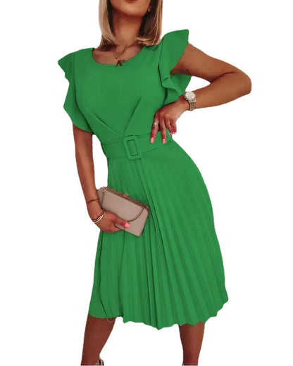 Women's Pleated Cocktail Dress with Ruffle Details and Waist Belt Ivyshape