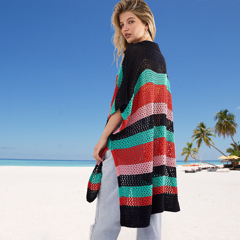Ladies knitted beach poncho with fashionable contrast stripes Ivyshape