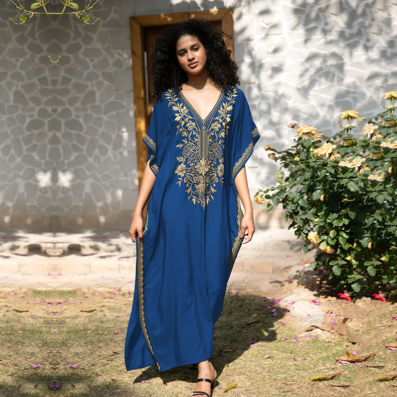 Women's kaftan dress with intricate golden border and elegant V-neck Ivyshape