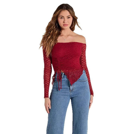 Women's Off-Shoulder Lace Top with Adjustable Hem Ivyshape