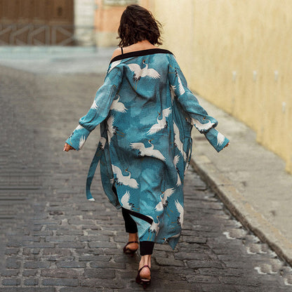 Ladies elegant kimono with artistic bird motif and flowing cut Ivyshape