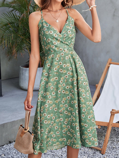 Ladies Summer Wrap Dress with Floral Print and Spaghetti Straps Ivyshape