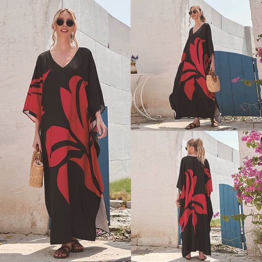 Women’s Maxi Kaftan with Floral Design and V-Neck Ivyshape