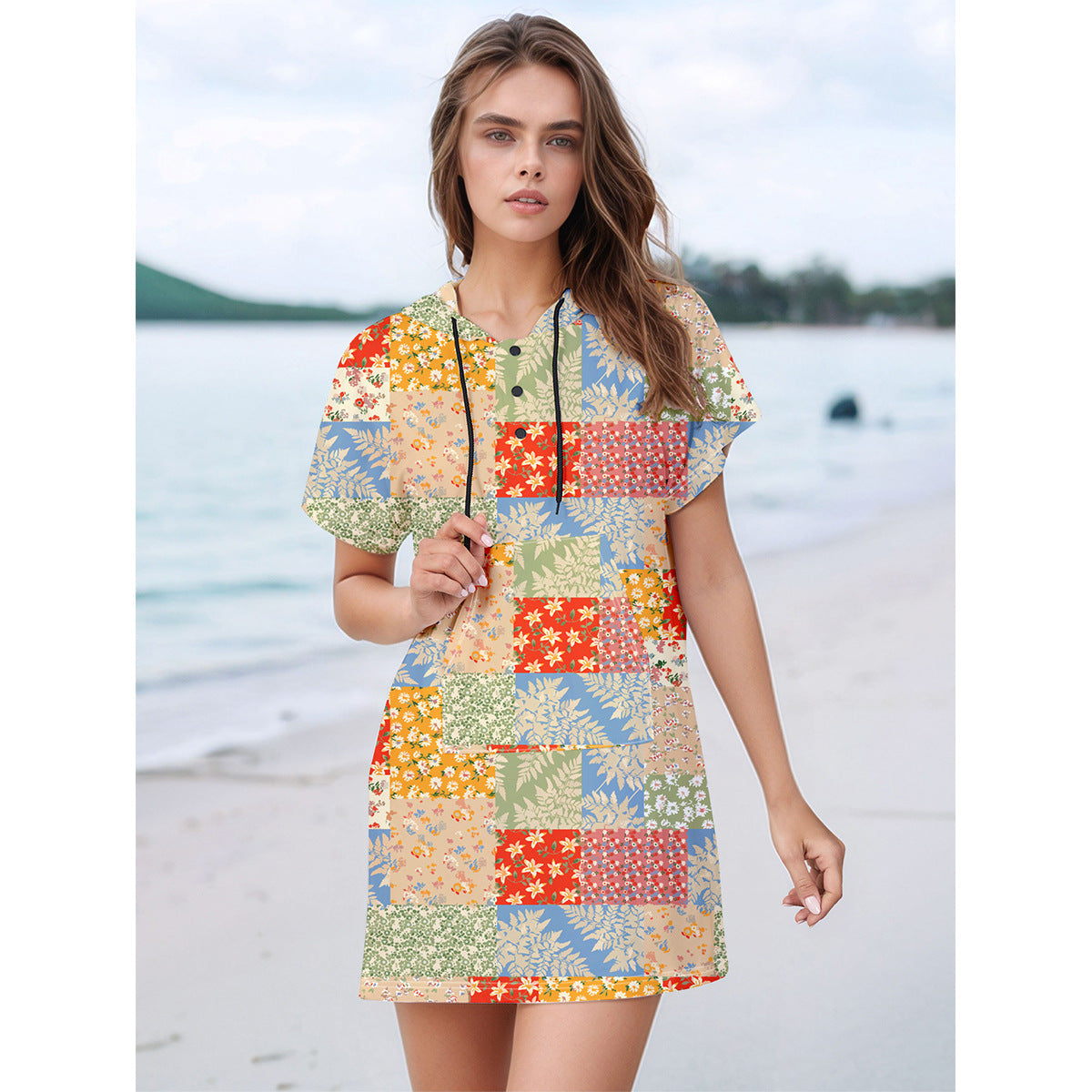 Women’s casual beach dress with cheerful patchwork design Ivyshape