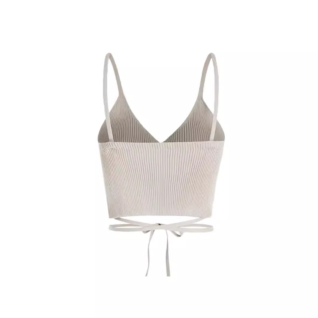 Ladies cropped interface top with V-neck and tie belt Ivyshape