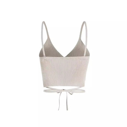 Ladies cropped interface top with V-neck and tie belt Ivyshape