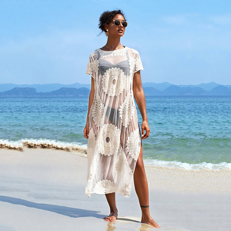 Ladies Transparent Crochet Beach Robe with Floral Pattern Ivyshape