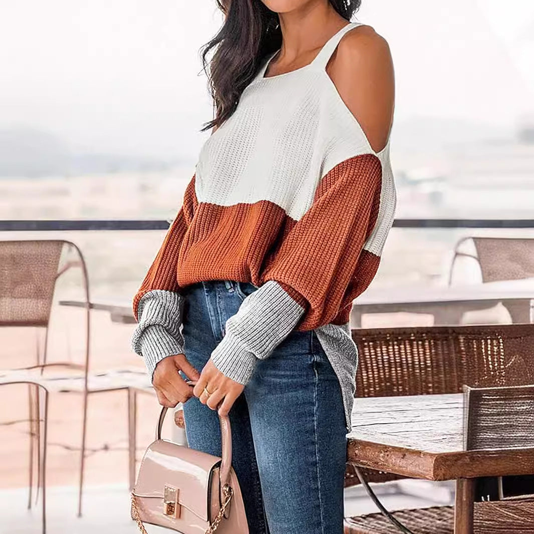 Women's fashionable sweater with off-shoulder design and multicolored contrasts Ivyshape