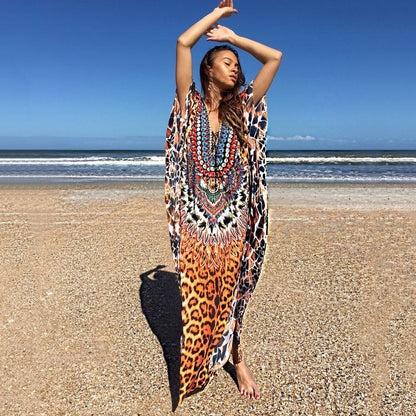Ladies Maxi Kaftan with exotic pattern mix and elegant V-neck Ivyshape