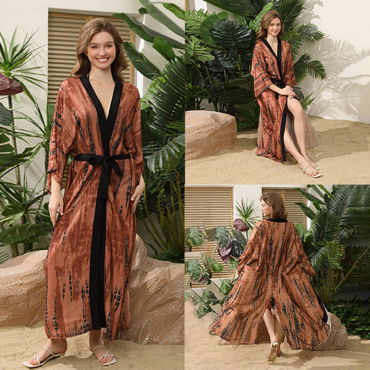 Women elegant and airy beach kimono with deep V-neck and tie belt Ivyshape