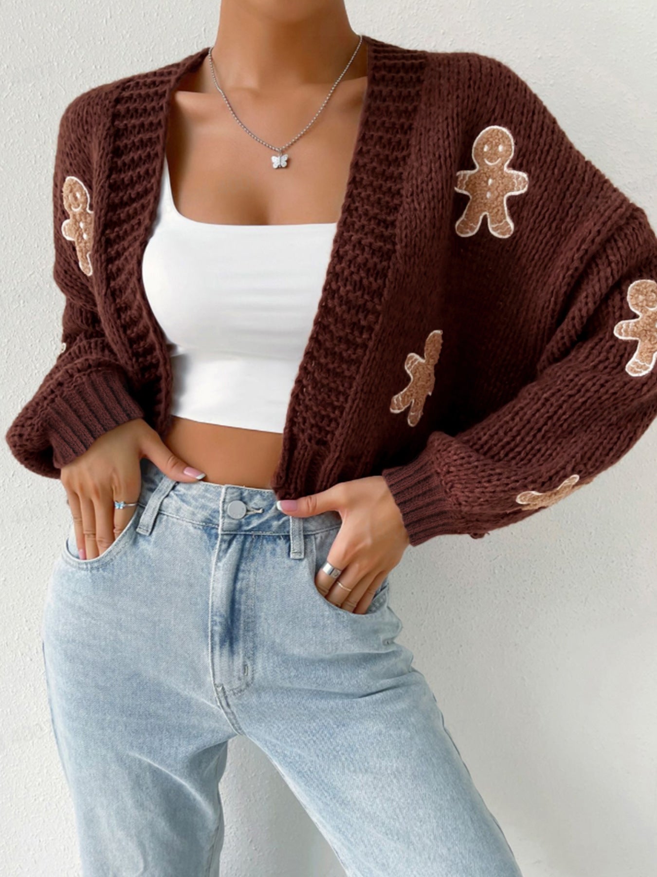 Women's cozy knit cardigan with playful plush toy appliqués Ivyshape