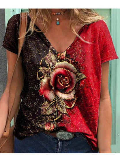 Women's Artistic Floral Graphic V-Neck T-Shirt Ivyshape