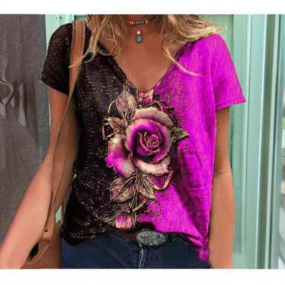 Women's Artistic Floral Graphic V-Neck T-Shirt Ivyshape