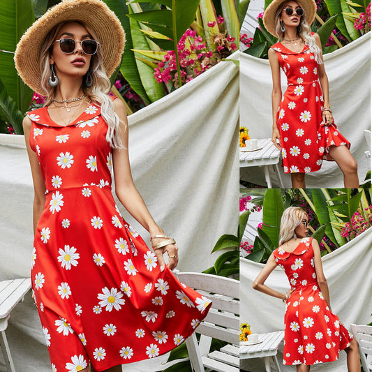 Women's floral dress with flattering A-line cut and lace neckline Ivyshape