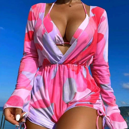 Women's beach dress with deep V-neck and long sleeves Ivyshape