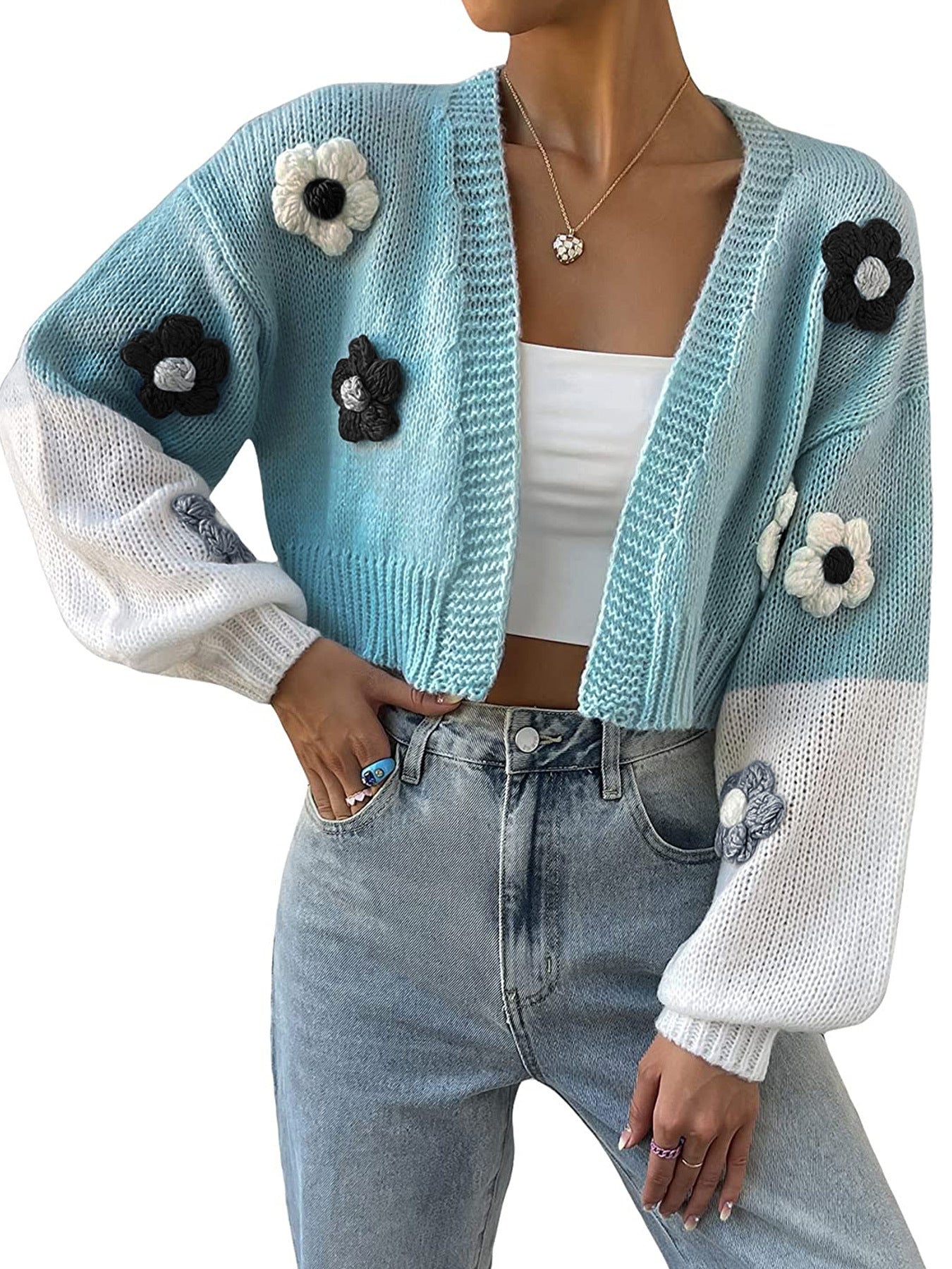 Ladies trendy knit cardigan with floral appliqués and loose fit Ivyshape