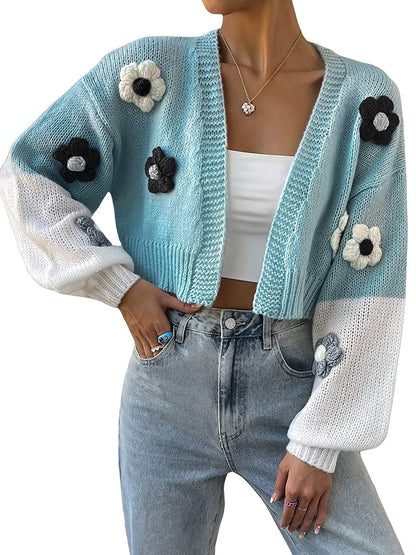 Ladies trendy knit cardigan with floral appliqués and loose fit Ivyshape
