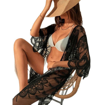 Women Transparent Crochet Beach Robe with Intricate Pattern Ivyshape