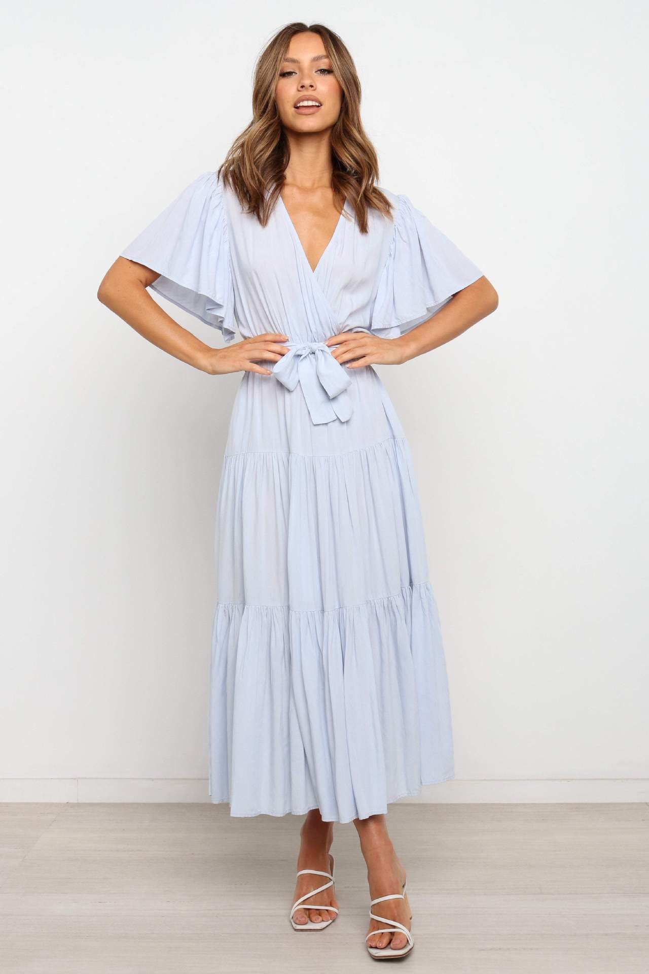 Women's Wrap Maxi Dress with Voluminous Sleeves and Ruffle Details Ivyshape