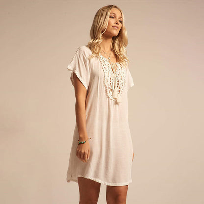 Ladies casual dress with fine crochet accents and casual V-neck Ivyshape