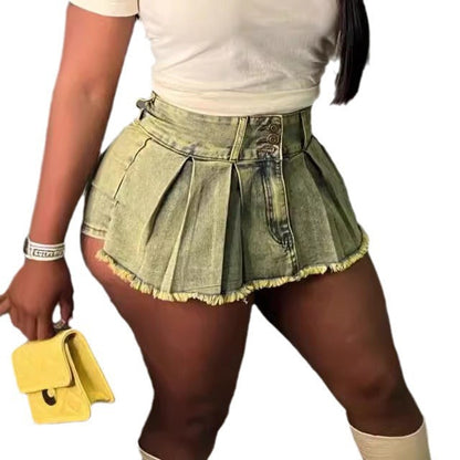 Women Jeans Pleated Skirt Mini Ivyshape