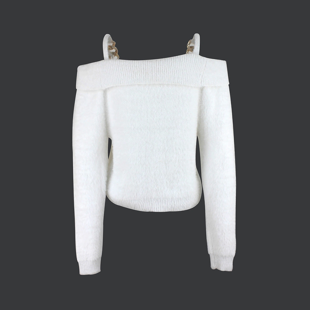 Ladies off-shoulder, elegant sweater with decorative chain accents Ivyshape