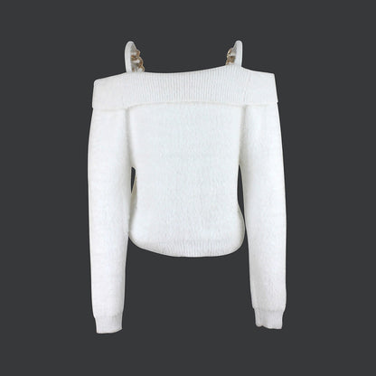 Ladies off-shoulder, elegant sweater with decorative chain accents Ivyshape