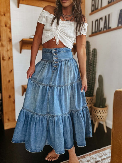 Isla - Gonna midi in denim con ruches