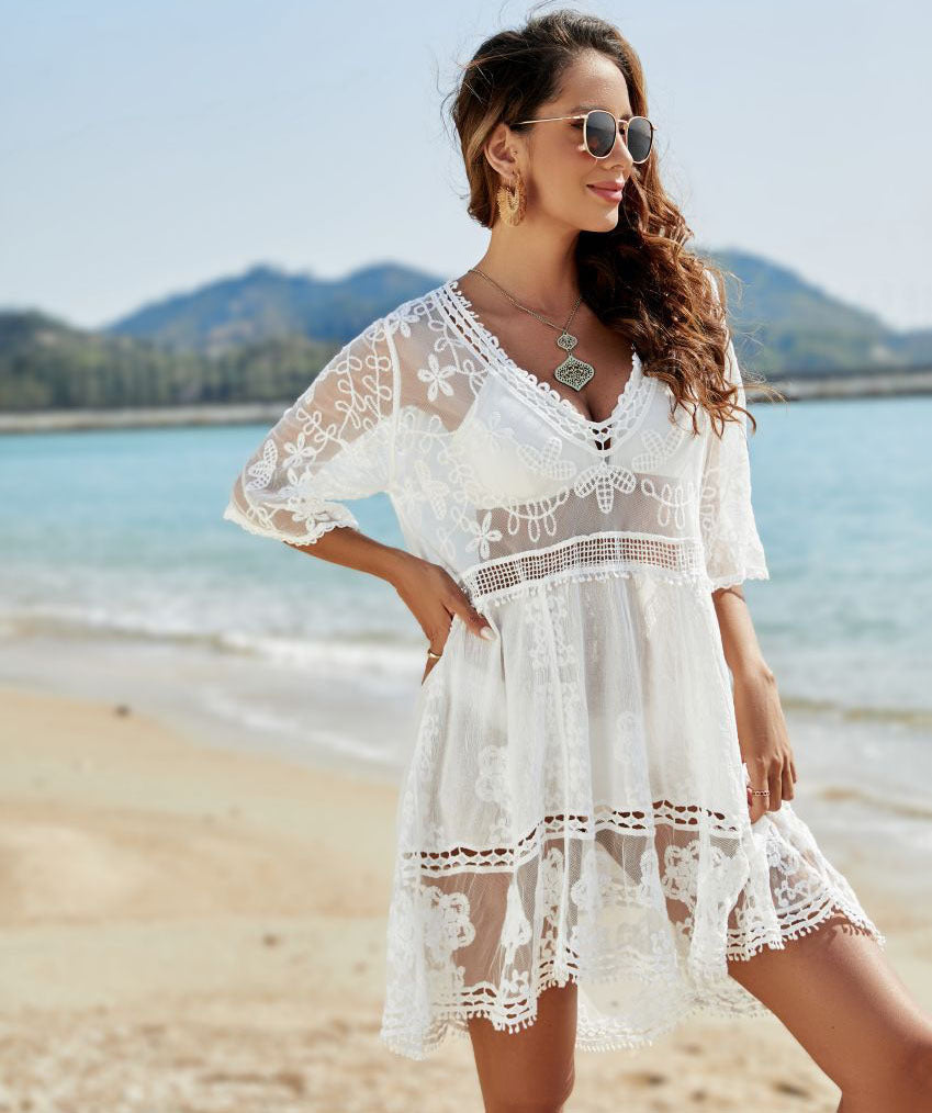 Ladies elegant beach cover-up with fine crochet and lace accents Ivyshape