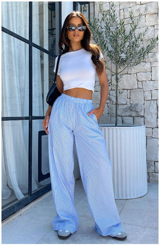 Women Light Vertical Striped Wide Leg Pants Ivyshape