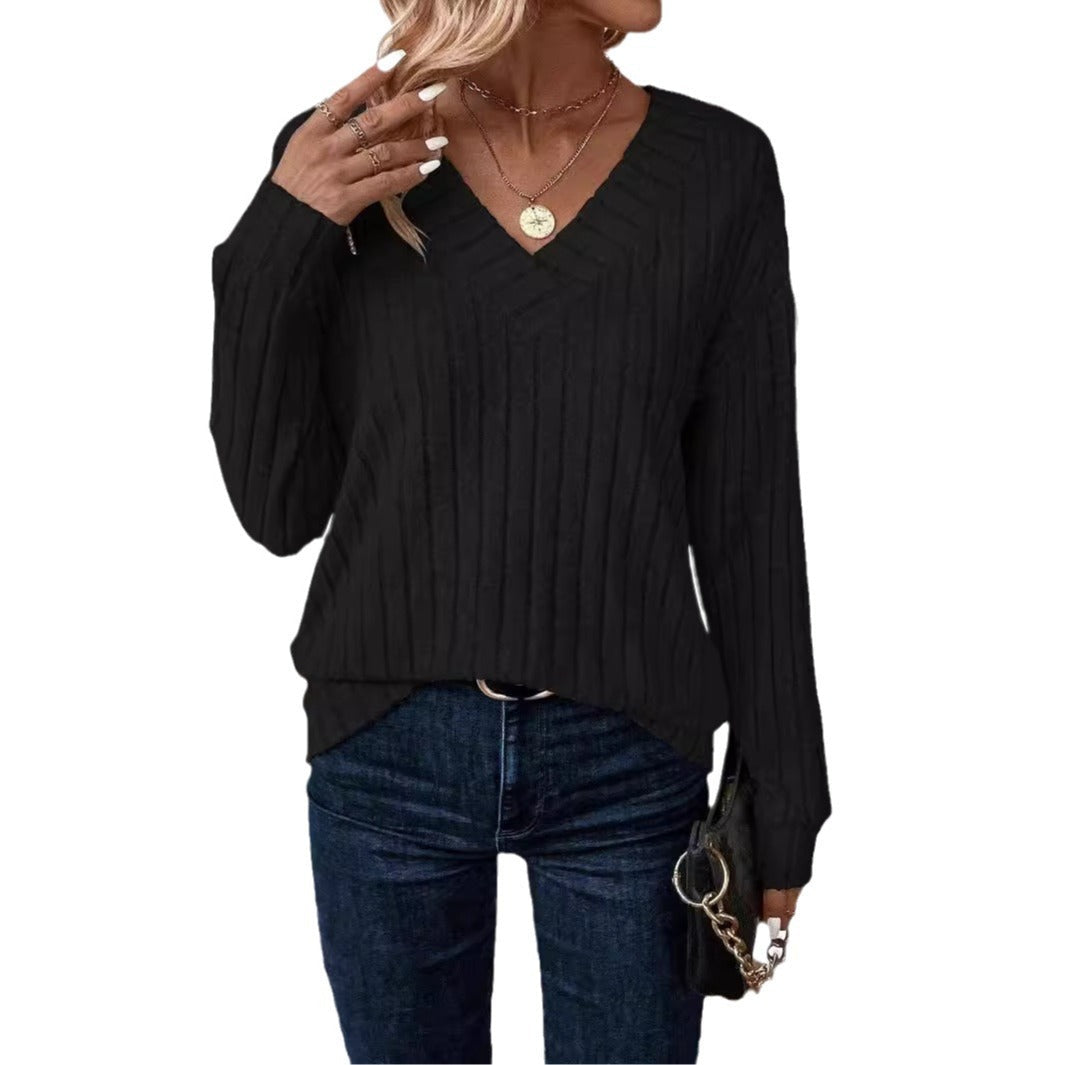 Women's knit sweater with V-neck and ribbed design Ivyshape