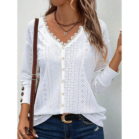 Women's blouse with decorative eyelet embroidery and button details Ivyshape