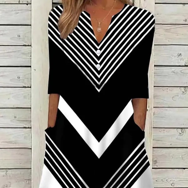 Women's trendy dress with V-neckline and striped pattern Ivyshape
