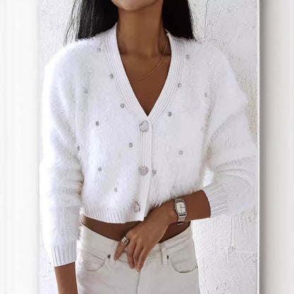 Women's Fuzzy Cardigan with Pearl Decoration Ivyshape