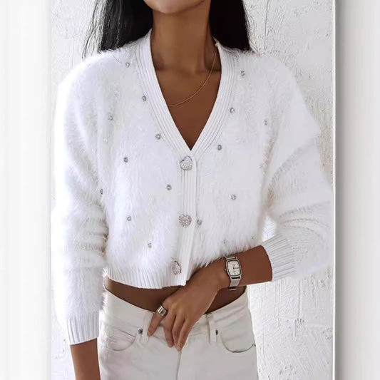 Women's Fuzzy Cardigan with Pearl Decoration Ivyshape
