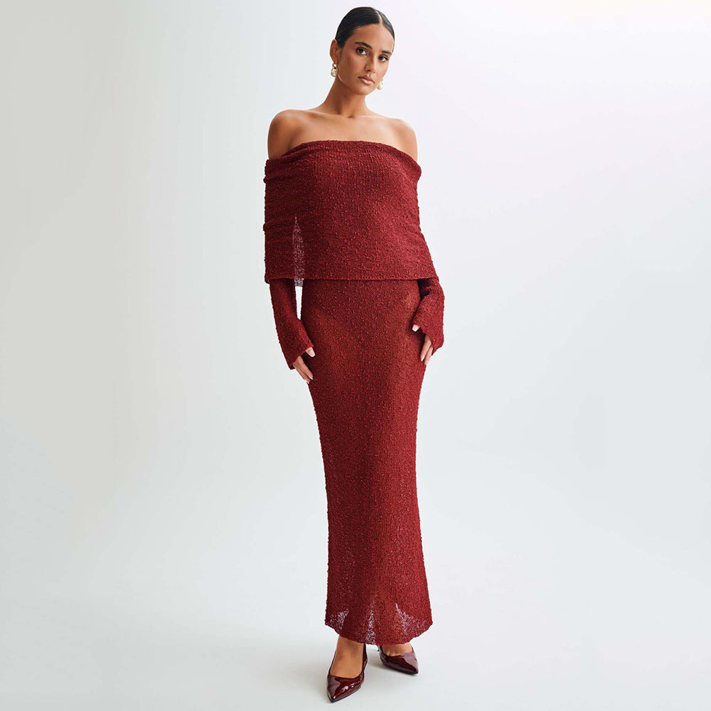 Ladies elegant maxi dress with off-the-shoulder top and fine knit pattern Ivyshape